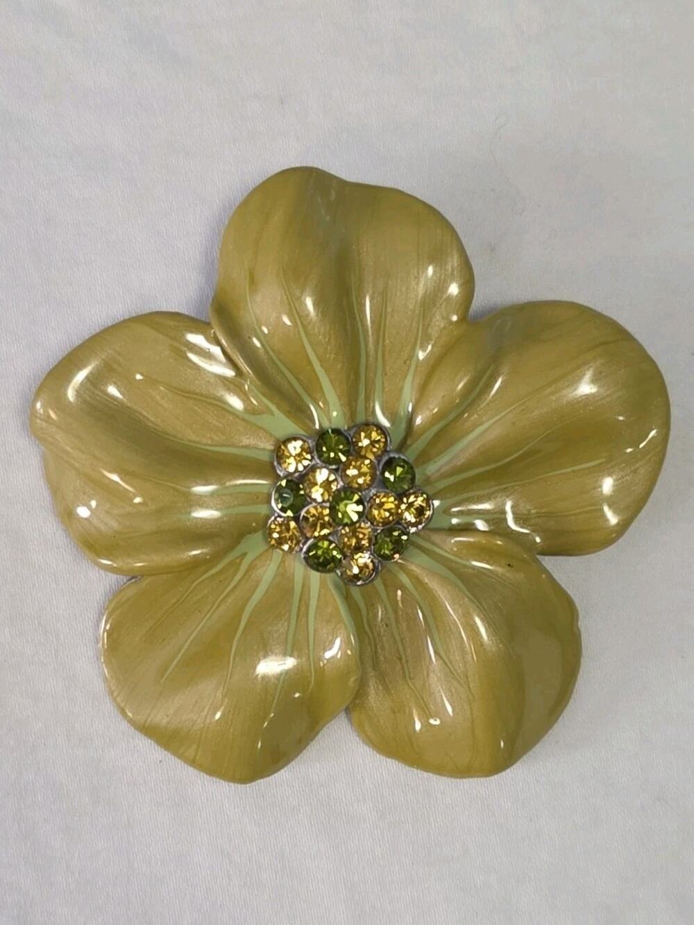 Large 3D Flower Brooch Green Yellow Enamel Petals Rhinestones Silver Tone Metal